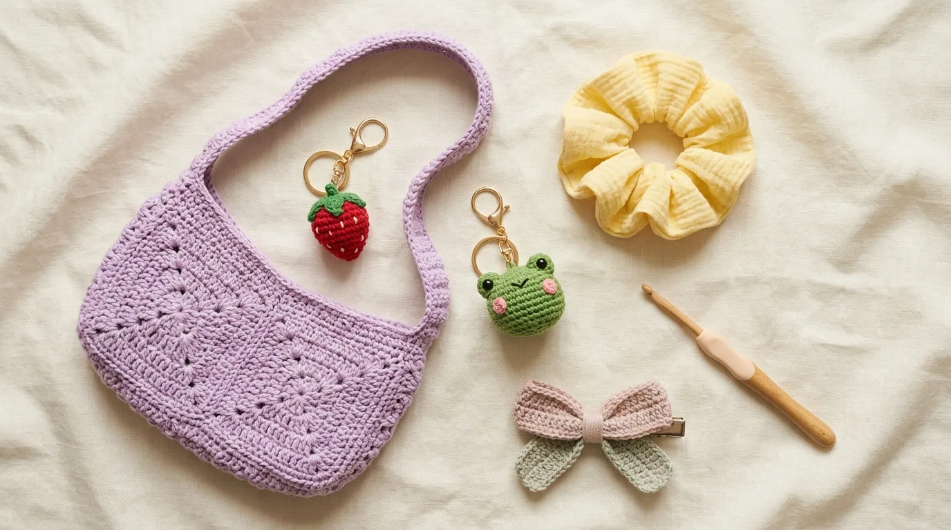 A flat lay of a lilac crochet shoulder bag, strawberry and frog amigurumi keychains, a butter-yellow scrunchie, and a crochet hook on a cream linen cloth.