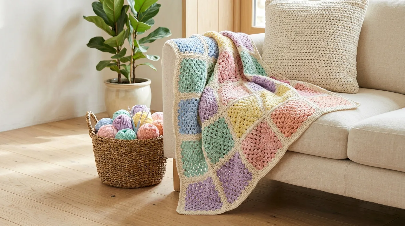 A colorful granny-square blanket draped over a cream sofa arm next to a crochet pillow and a basket of pastel yarn balls.