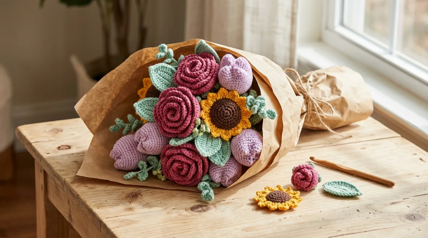 A handmade crochet bouquet of pink roses, yellow sunflowers, and lilac tulips wrapped in kraft paper, resting on a sunlit wooden table.
