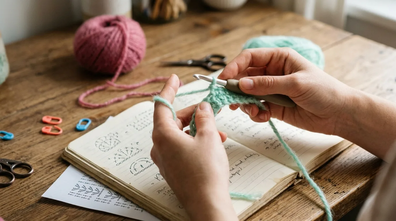 Close-up of beginner hands holding a crochet hook and a soft mint yarn, working a first row of single crochet over a notebook of stitch notes.